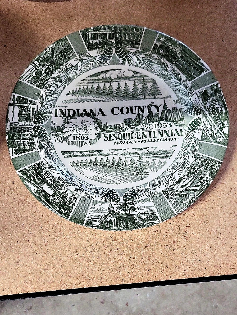 Kettlespring Indiana County Sesquicentennial 1803–1953 plate Green & White